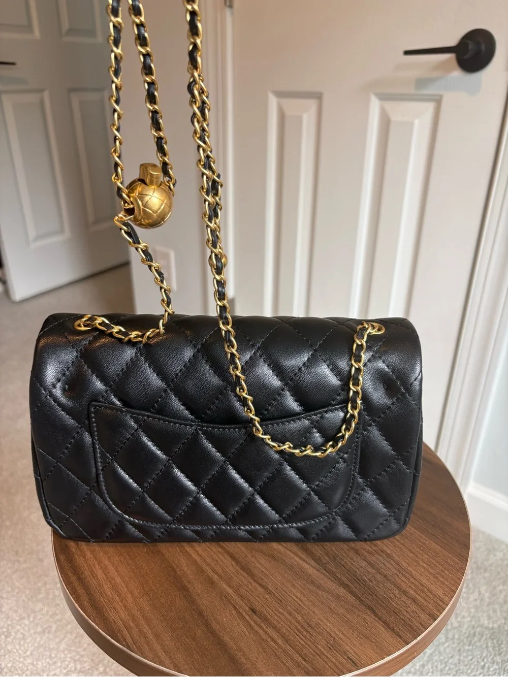 Black Quilted Chain Shoulder Bag with Gold Hardware